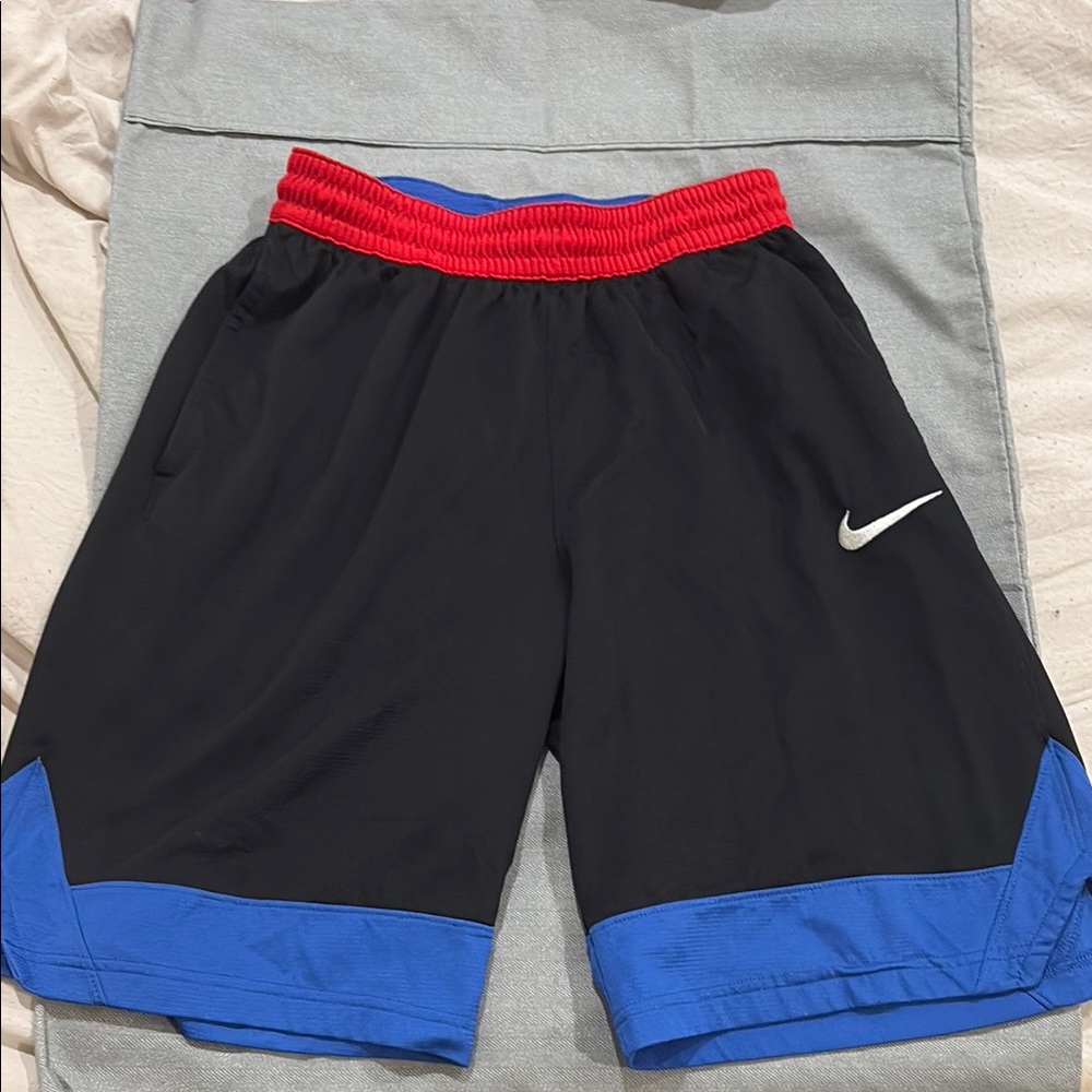 Nike Black and Blue Athletic Shorts with Red Waistband